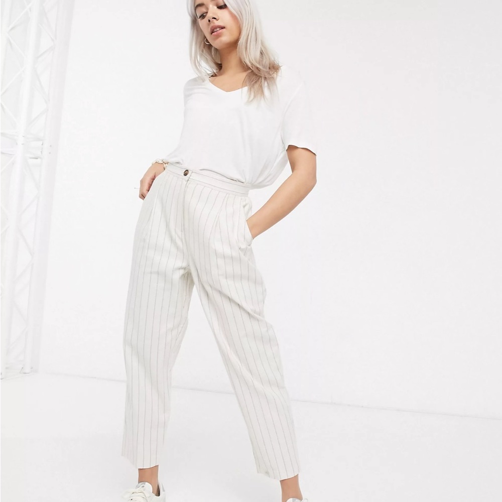 ASOS DESIGN white Petite linen dad pants in stripe